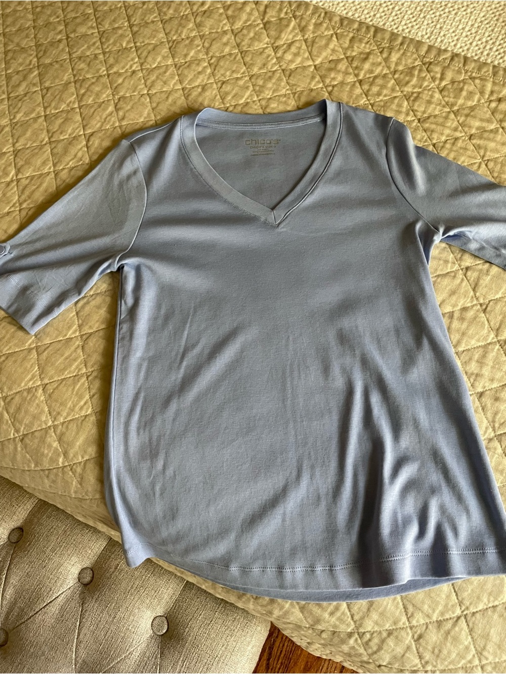 Chico's Pale Blue V-Neck Elbow Sleeve Top